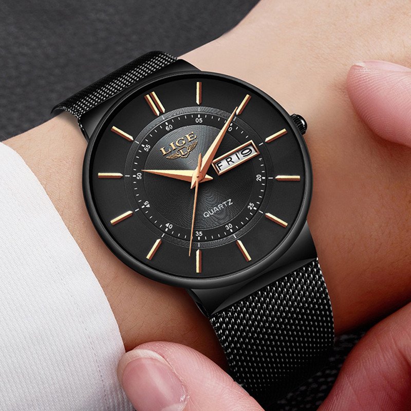 LIGE Top Brand Luxury Waterproof Ultra Thin Date Clock Male Steel Strap Casual Quartz Watch Men Sports Wrist Watch