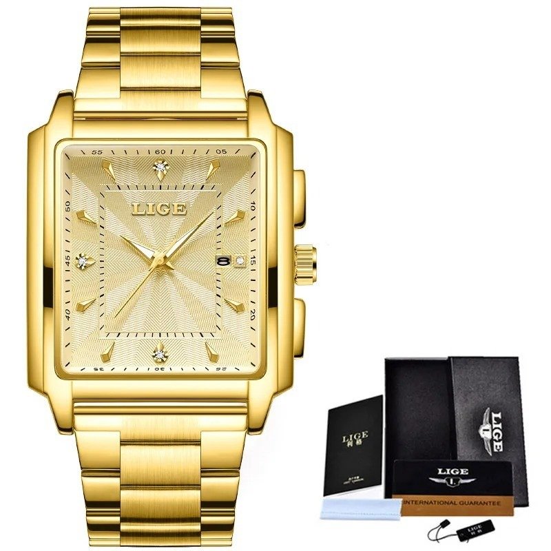 LIGE-89121 Men's Square Stainless Steel Gold Quartz Waterproof Wristwatch
