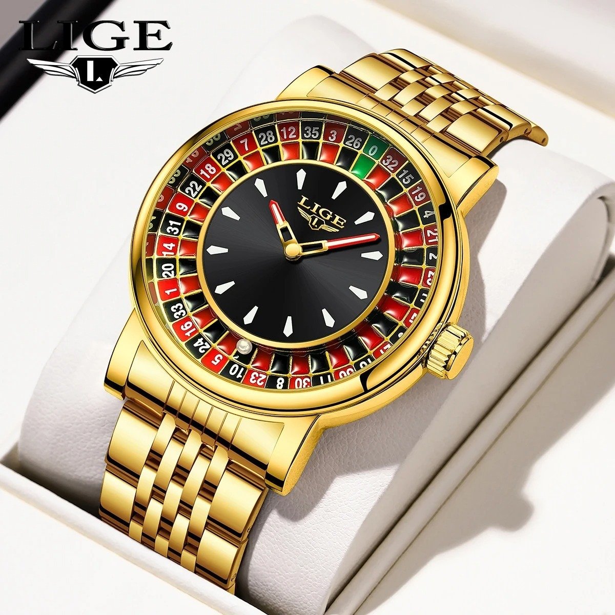 LIGE 89161 Stainless Steel Quartz Watches Stainless Band Gambling Series Rotating Dial Watch