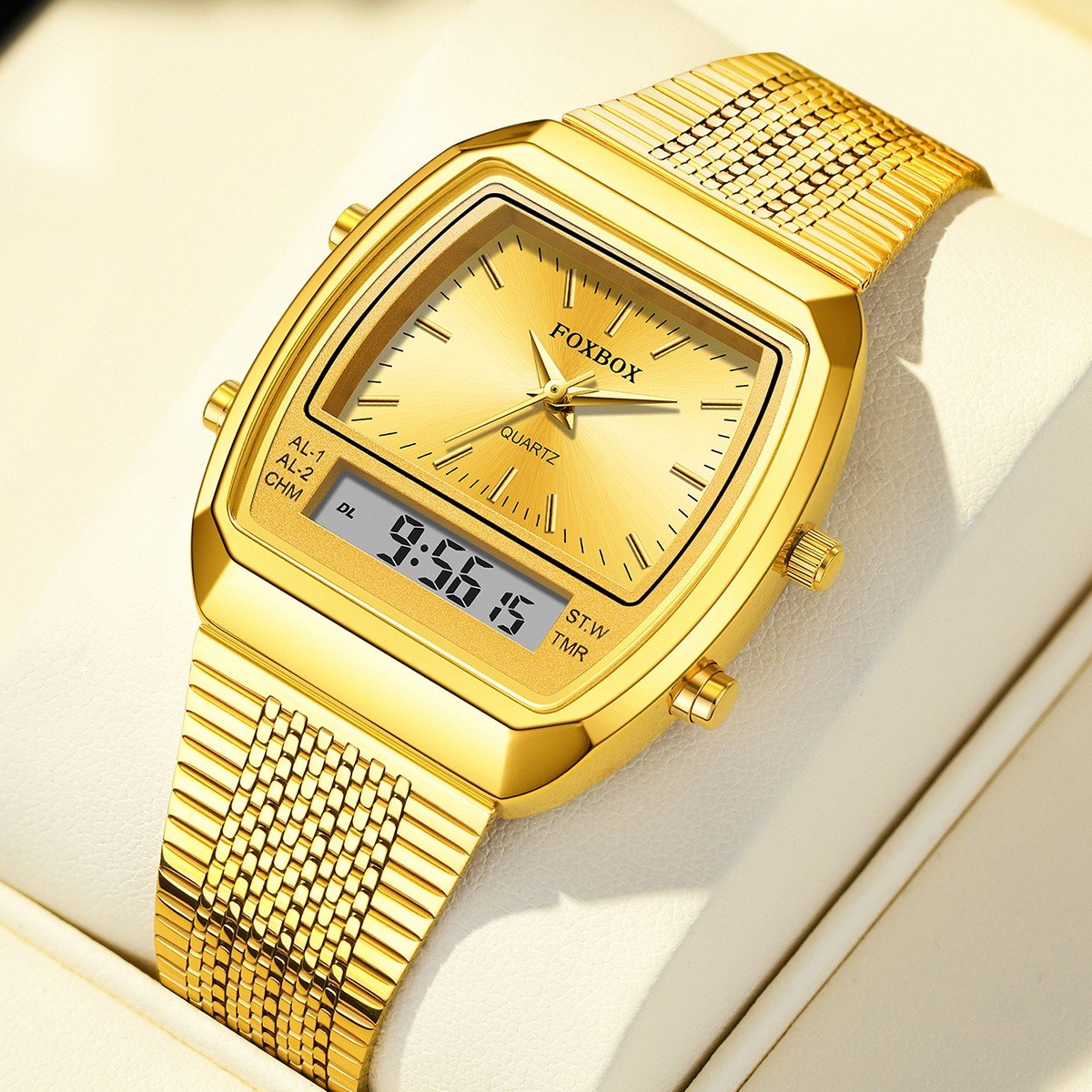 FOXBOX FB0097 Gold Watch Dual Digital Time Zone Square Wristwatch