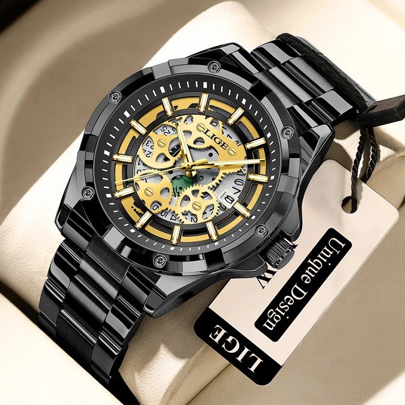 LIGE 89283 Black Skeleton Quartz Watch for Men Waterproof Luminous Business Wristwatch