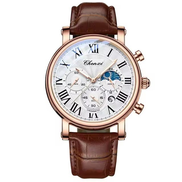 CHENXI 973 Luxury Business Men Quartz Watch – Moon Phase Date Waterproof Wristwatch