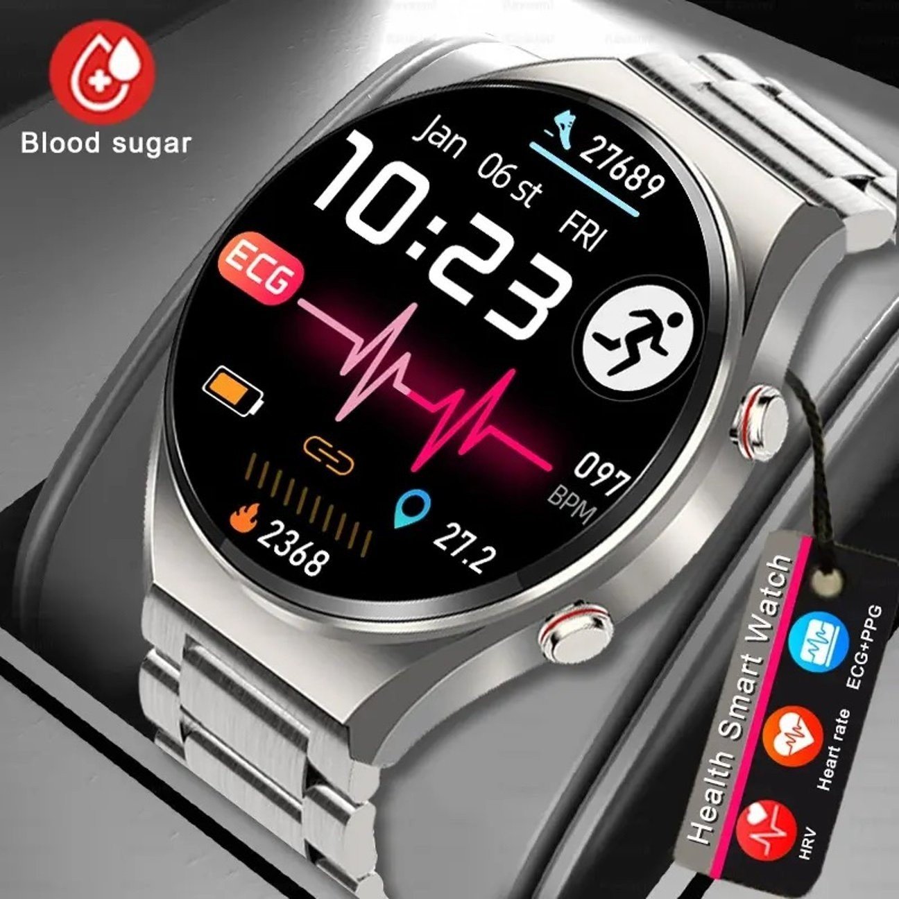 ECG + PPG Non-Invasive Blood Glucose Smart Watch for Men