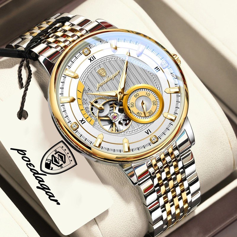 POEDAGAR 1416 Luxury Automatic Men’s Watch — Luminous Hollow Tourbillon Stainless Steel